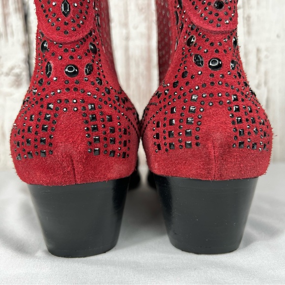BiBi Lou Rhinestone Maroon Studded Embellished Leather Ankle Booties Boots SZ 38 - Picture 3 of 12